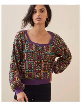 Farm Rio x Anthropologie Colorful Crochet Granny Square Sweater Size Small